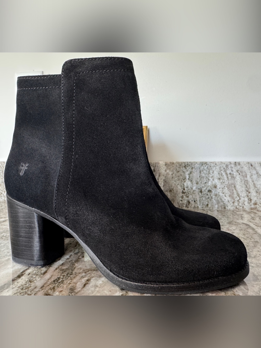 Frye Black Suede Rounded Toe Block Heel Ankle Boots